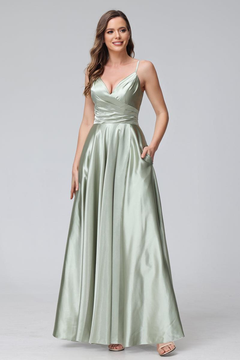 A-Line Sleeveless Long Silk Satin Bridesmaid Dresses with Pockets & Split Side
