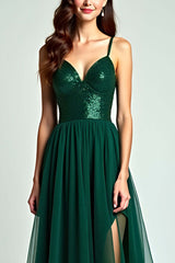 A Line Spaghetti Straps Dark Green Wedding Guest Dress Long Formal Dress With Slit