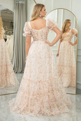 A Line Square Neck Long Prom Dress With Short Sleeves