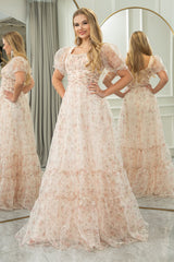 A Line Square Neck Long Prom Dress With Short Sleeves