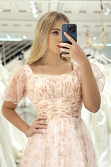 A Line Square Neck Long Prom Dress With Short Sleeves