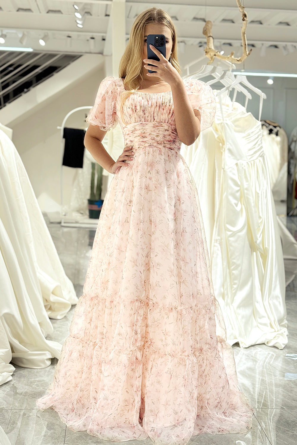 A Line Square Neck Long Prom Dress With Short Sleeves