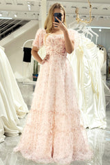 A Line Square Neck Long Prom Dress With Short Sleeves