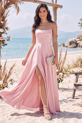 A-Line Square Neck Split Side Floor Length Bridesmaid Dresses With Split Side
