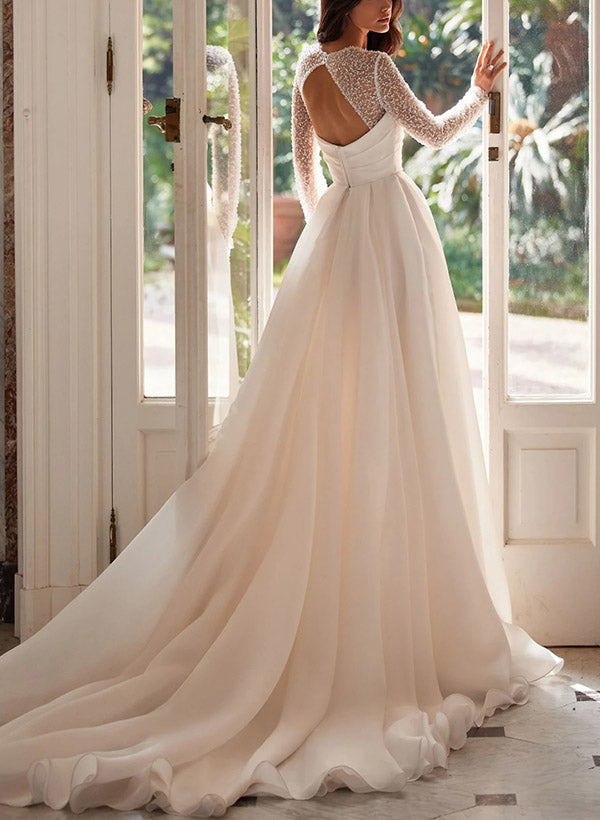 A Line Square Neckline Long Sleeves Chiffon Wedding Dress With High Split