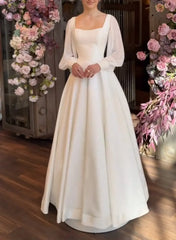 A Line Square Neckline Long Sleeves Floor Length Chiffon Elastic Satin Wedding Dress