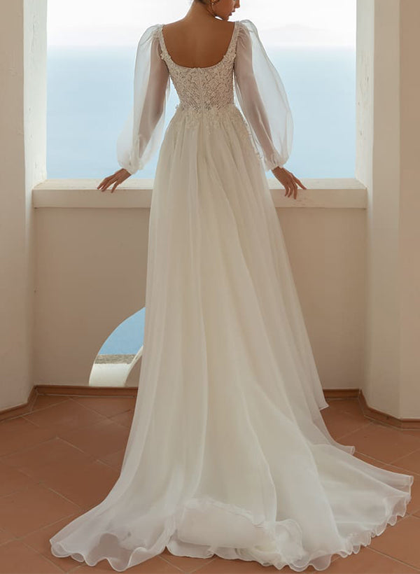 A Line Square Neckline Long Sleeves Lace/Tulle Bridal Gowns