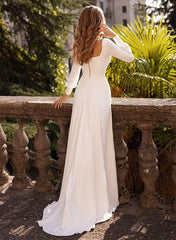 A Line Square Neckline Long Sleeves Satin Sweep Train Wedding Dress