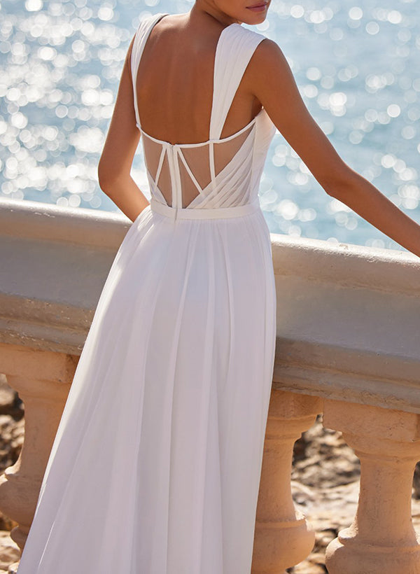 A Line Square Neckline Sleeveless Chiffon Wedding Dress With High Split