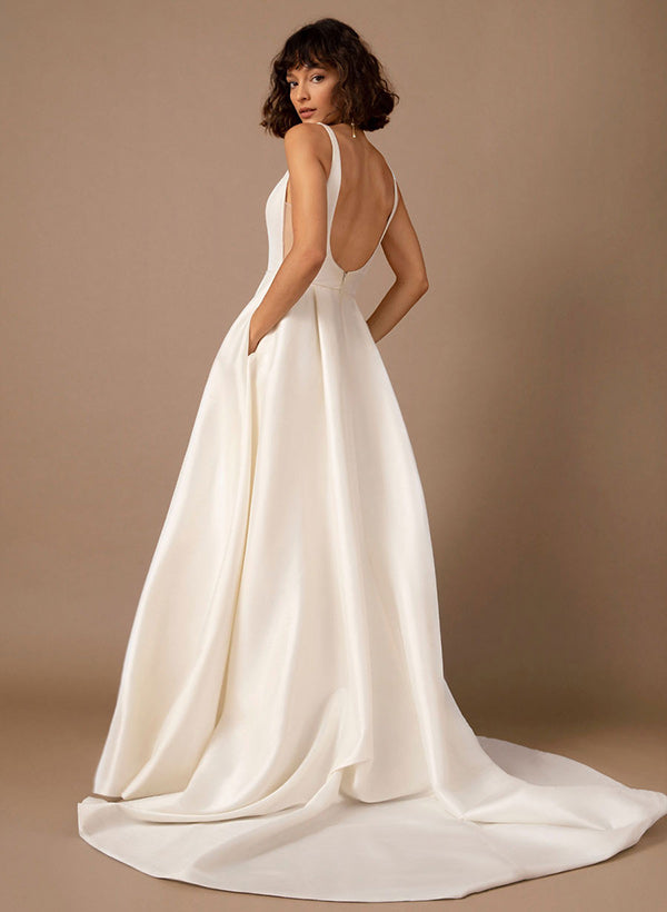 A Line Square Neckline Sleeveless Satin Court Train Wedding Dress With Pleated Pockets