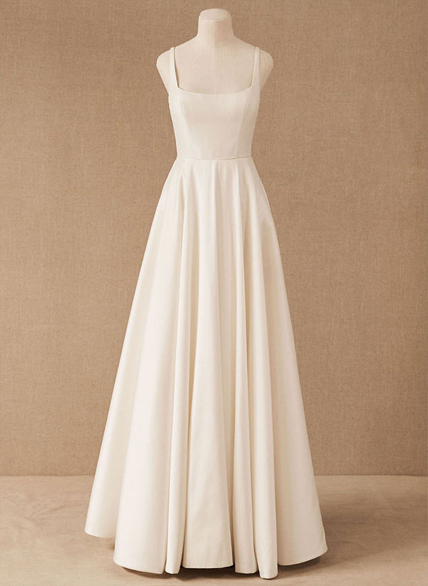 A Line Square Neckline Sleeveless Satin Court Train Wedding Dress With Pleated Pockets