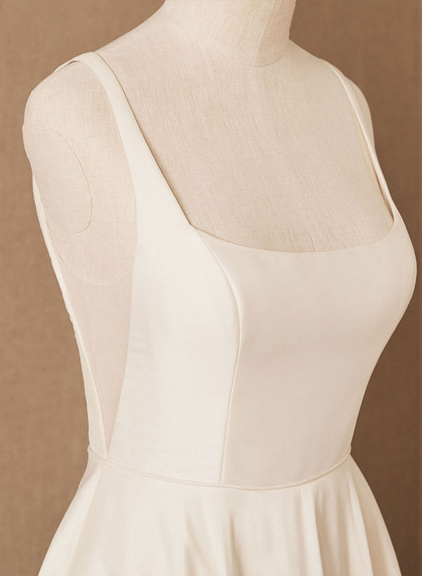 A Line Square Neckline Sleeveless Satin Court Train Wedding Dress With Pleated Pockets