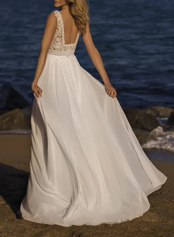 A Line Square Neckline Sleeveless Sweep Train Chiffon/Lace Wedding Dress