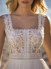 A Line Square Neckline Sleeveless Sweep Train Chiffon/Lace Wedding Dress