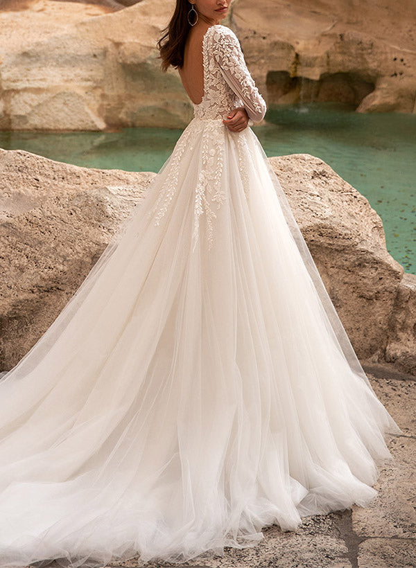 A Line Square Neckline Tulle Wedding Dress With Appliques Lace