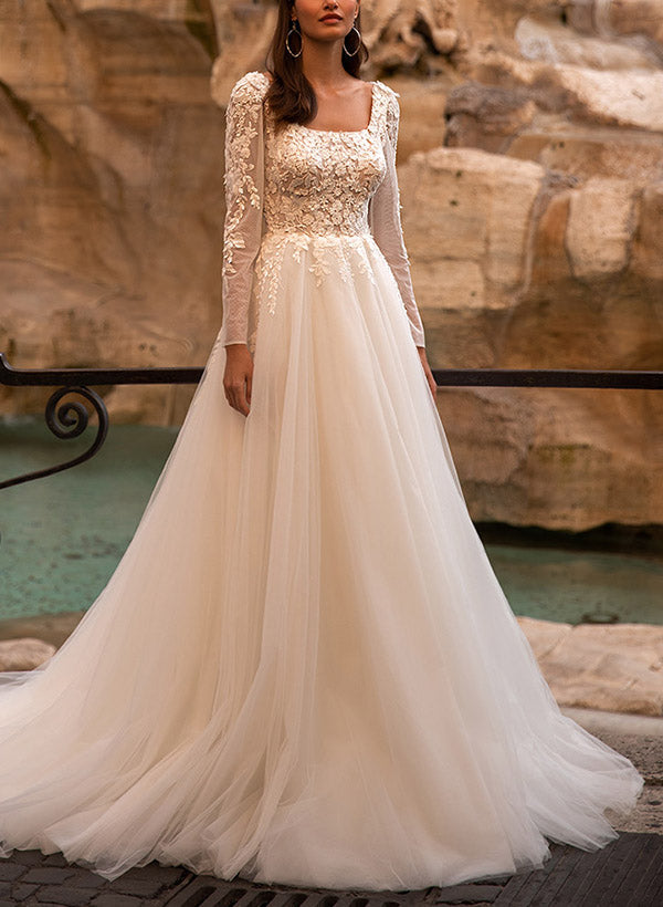 A Line Square Neckline Tulle Wedding Dress With Appliques Lace