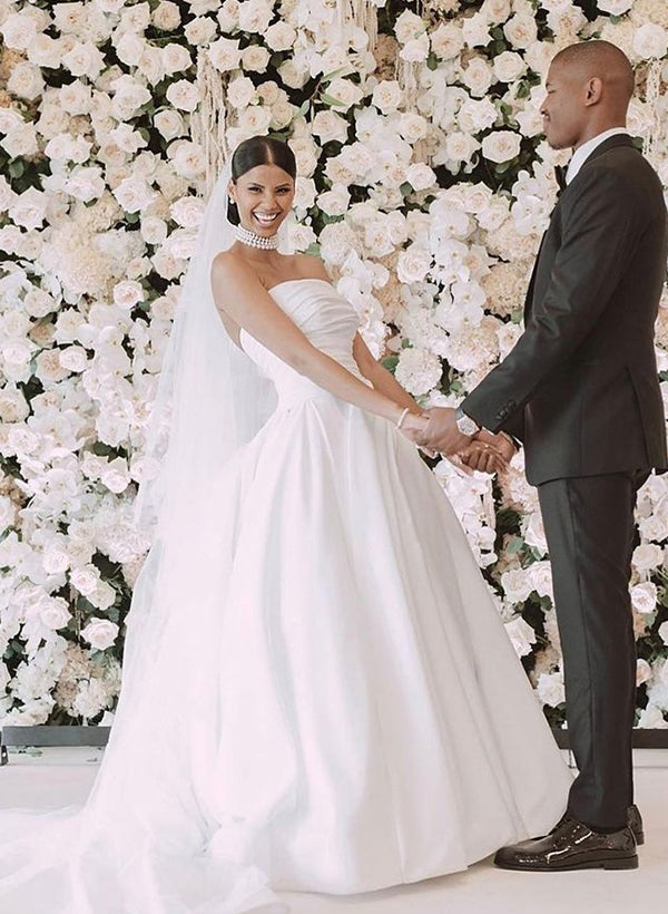 A Line Strapless Chapel Train Elegant Satin Wedding Dress With Front Split