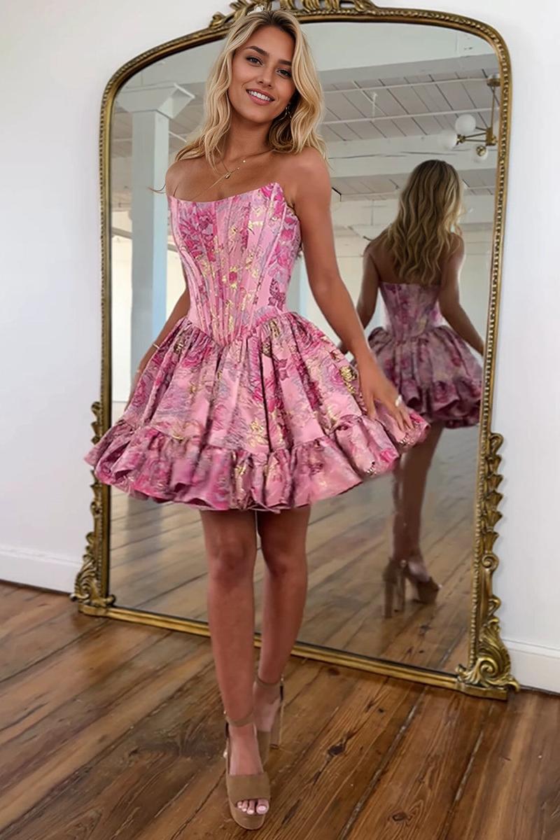A-Line Strapless Short Print Homecoming Mini Dress