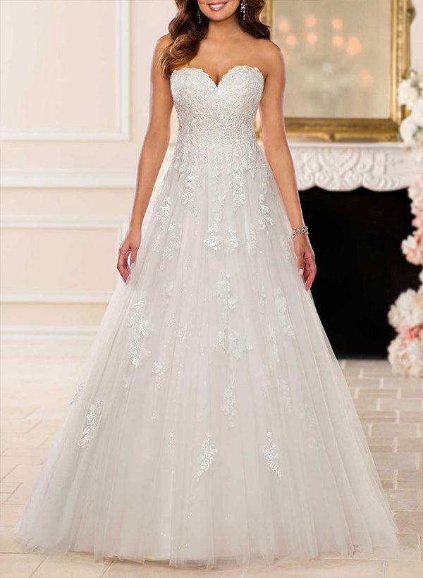 A Line Strapless Sleeveless Tulle Lace Court Train Wedding Dress With Appliques Lace