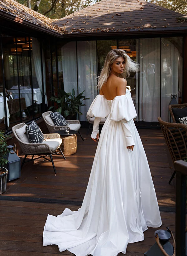 A Line Strapless Sweep Train Satin Wedding Dress With Front Split