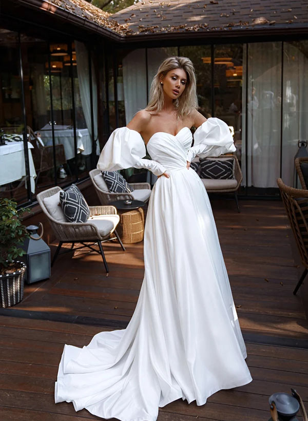 A Line Strapless Sweep Train Satin Wedding Dress With Front Split