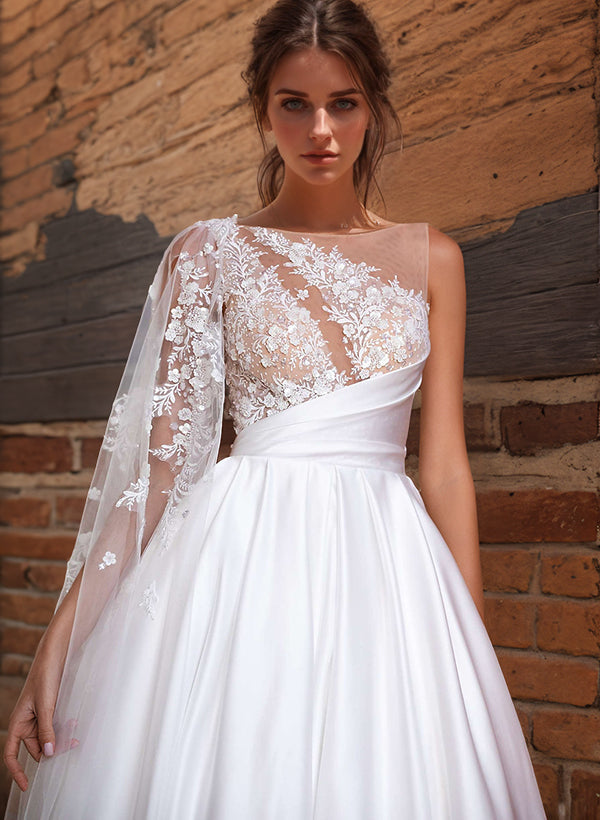 A Line Sweep Train Satin Wedding Dress With Appliques Lace