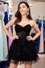 A-Line Sweetheart Black Homecoming Dress Corset Short Prom Dress With Ruffles