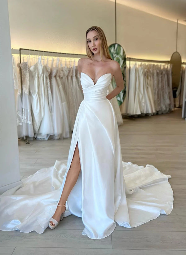 A Line Sweetheart Long Sleeves Wedding Dress With Split Front