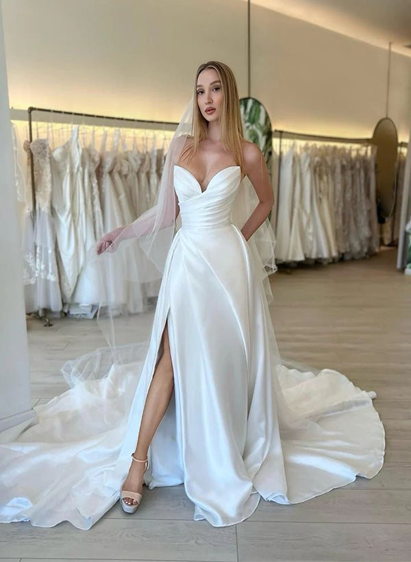 A Line Sweetheart Long Sleeves Wedding Dress With Split Front