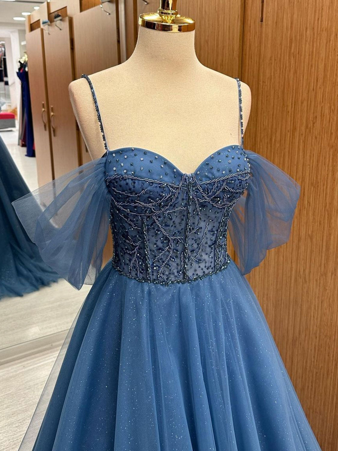 A Line Sweetheart Neck Beading Tulle Long Blue Prom Dress Formal Gown Evening Dress