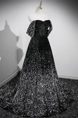 A Line Sweetheart Neck Black Prom Dress Sequin Long Formal Dress Evening Dress