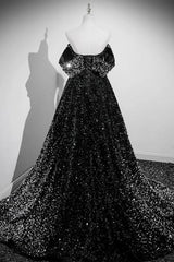 A Line Sweetheart Neck Black Prom Dress Sequin Long Formal Dress Evening Dress