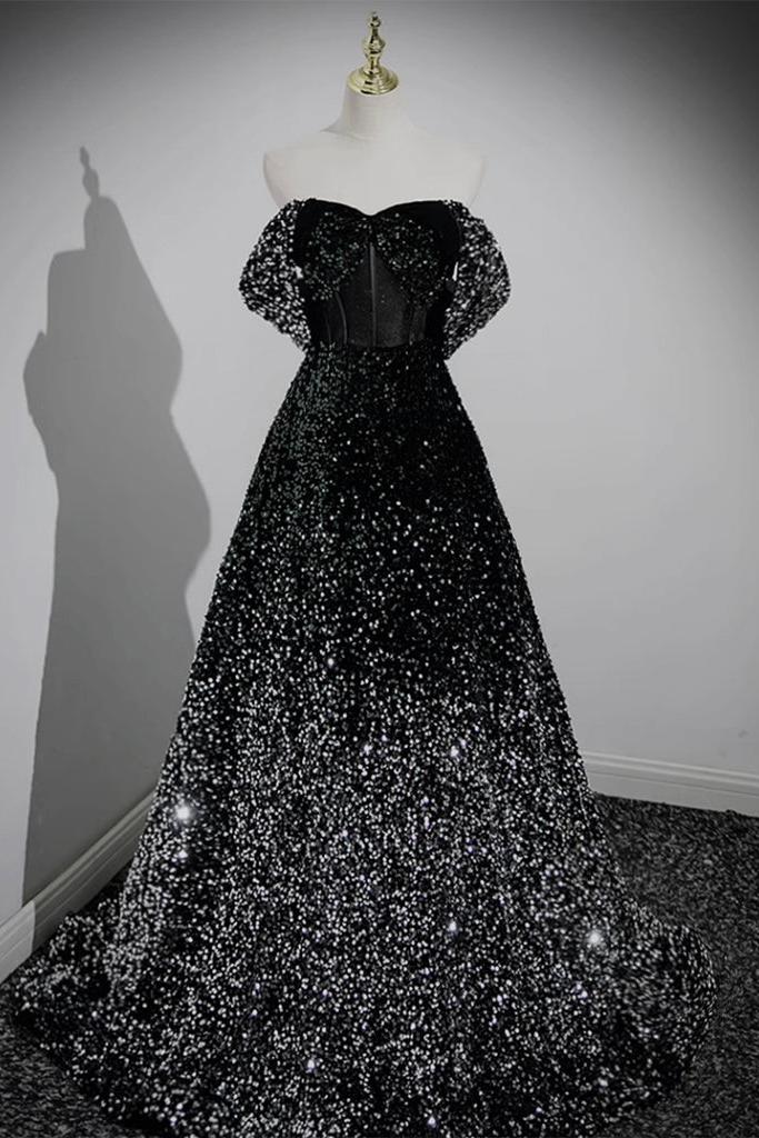 A Line Sweetheart Neck Black Prom Dress Sequin Long Formal Dress Evening Dress