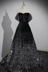 A Line Sweetheart Neck Black Prom Dress Sequin Long Formal Dress Evening Dress