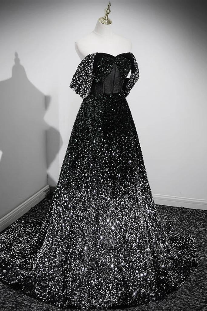 A Line Sweetheart Neck Black Velvet Formal Dress Sequin Long Evening Dress