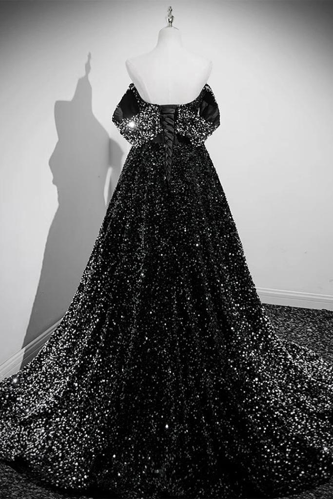 A Line Sweetheart Neck Black Velvet Formal Dress Sequin Long Evening Dress