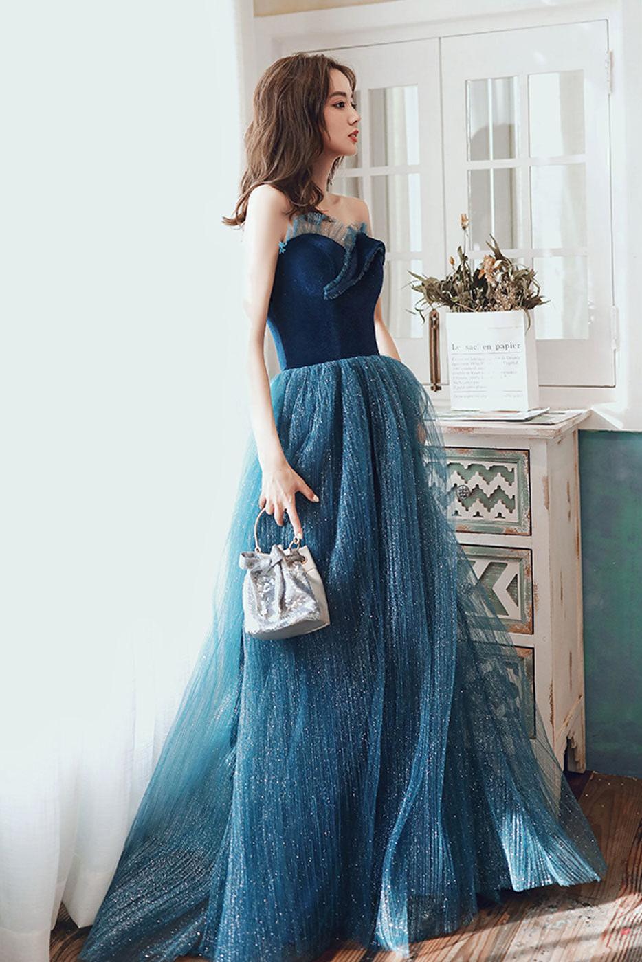A Line Sweetheart Neck Blue Prom Dress Long Graduation Dress Formal Evening Dress