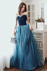 A Line Sweetheart Neck Blue Velvet Formal Dress Long Christmas Party Dress