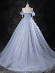 A Line Sweetheart Neck Off the Shoulder Tulle Blue Prom Dress Long Formal Gown Evening Dress