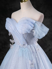 A Line Sweetheart Neck Off the Shoulder Tulle Blue Prom Dress Long Formal Gown Evening Dress
