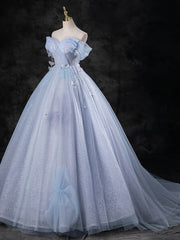 A Line Sweetheart Neck Off the Shoulder Tulle Blue Prom Dress Long Formal Gown Evening Dress