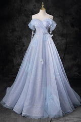 A Line Sweetheart Neck Off the Shoulder Tulle Blue Prom Dress Long Formal Gown Evening Dress