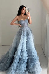 A Line Sweetheart Neck Tiered Ruffled Tulle Long Evening Dress