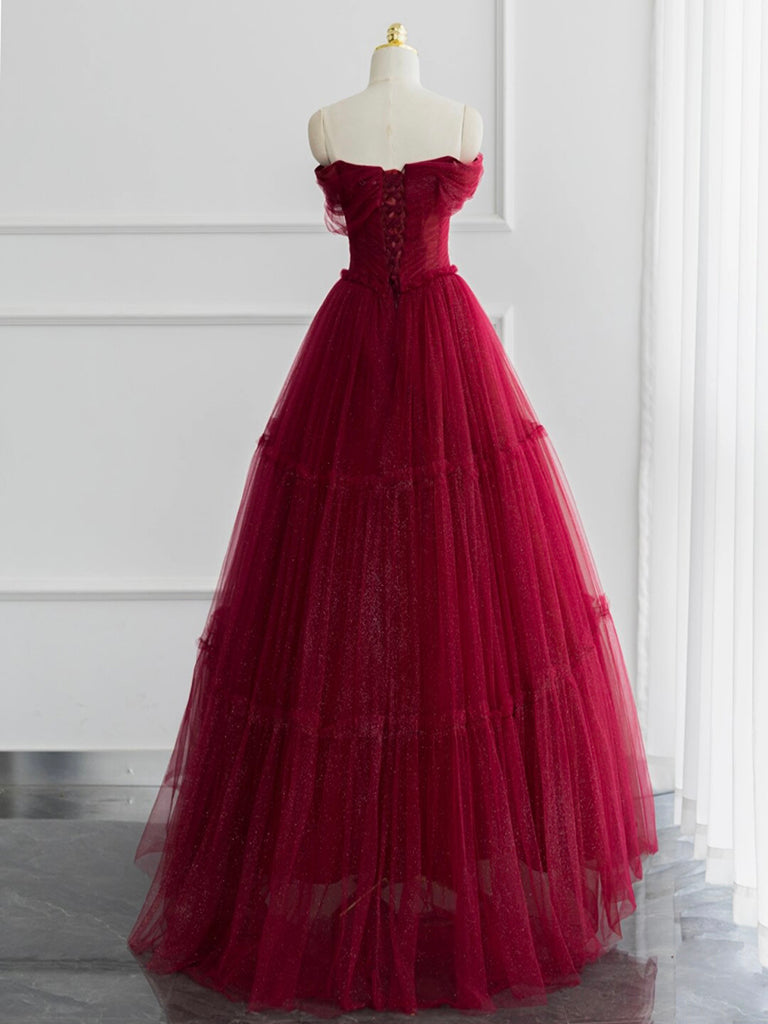 A Line Sweetheart Neck Tulle Burgundy Prom Dress Long Off the Shoulder Formal Gown Evening Dress