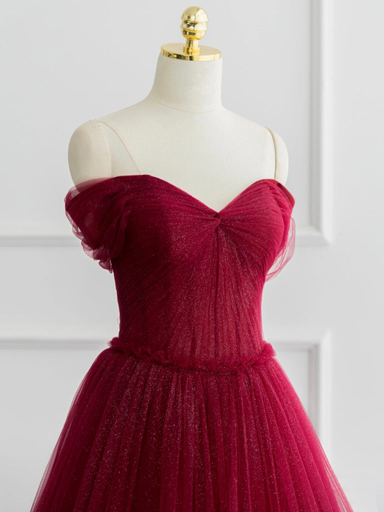A Line Sweetheart Neck Tulle Burgundy Prom Dress Long Off the Shoulder Formal Gown Evening Dress