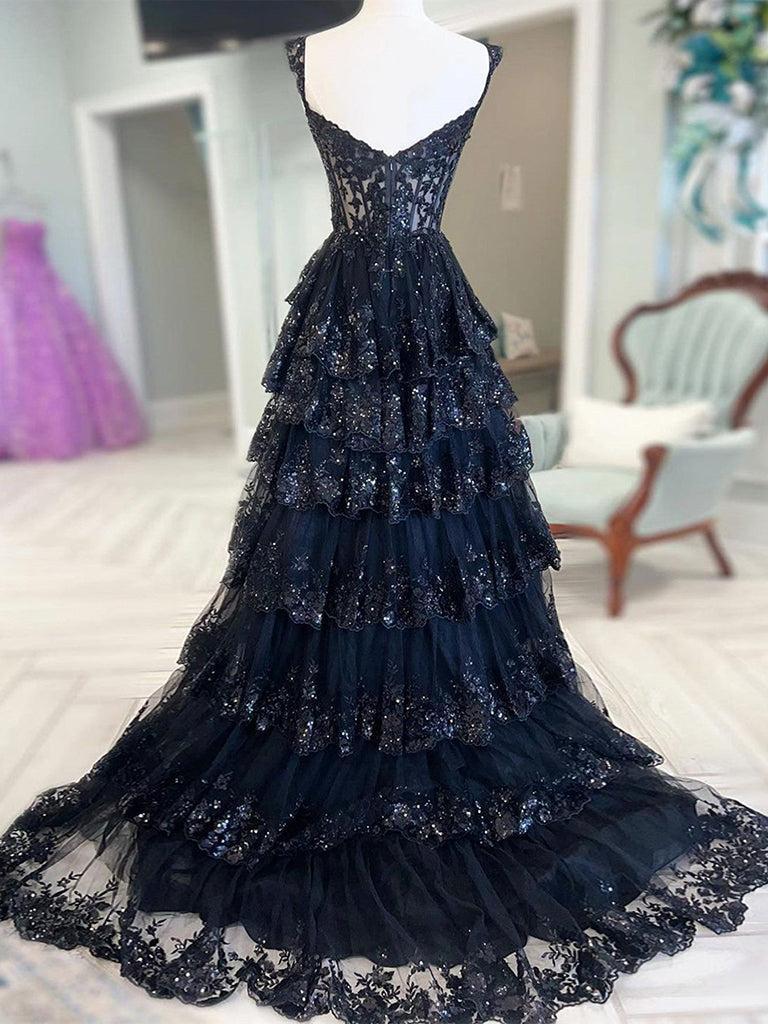 A Line Sweetheart Neck Tulle Sequin Black Prom Dress Long Formal Evening Dress