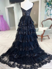 A Line Sweetheart Neck Tulle Sequin Black Prom Dress Long Formal Evening Dress