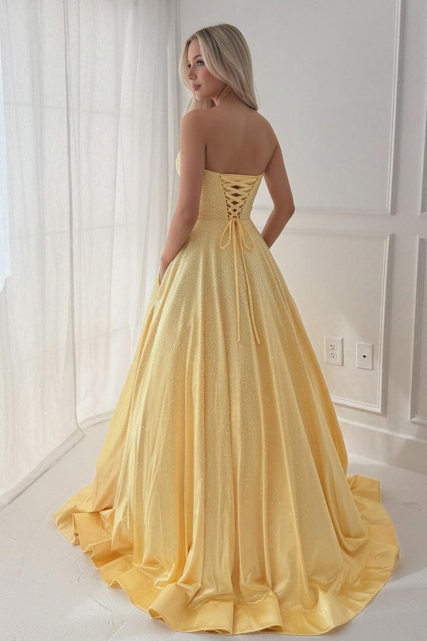 A Line Sweetheart Yellow Long Prom Dress With Beading Keyhole Formal Evening Gown