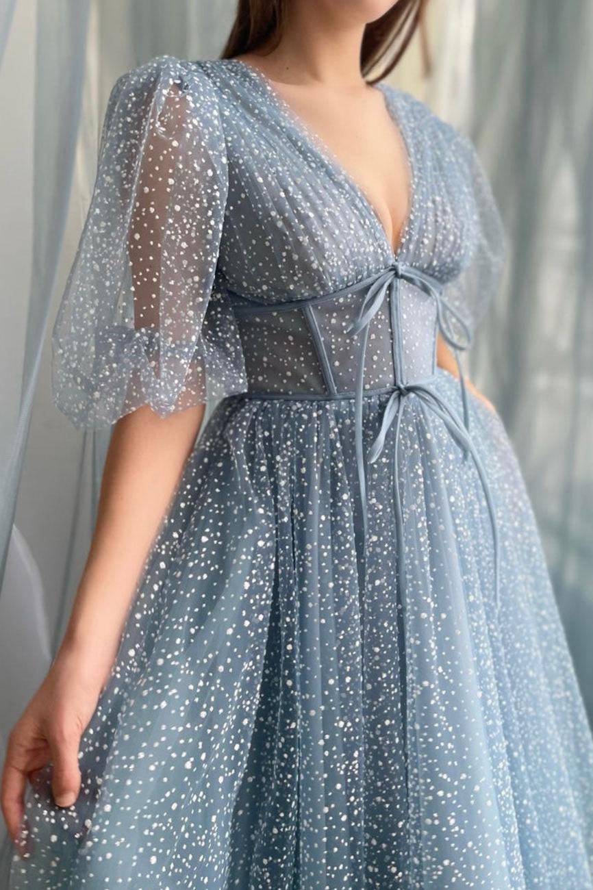 A Line Tea Length Gray Blue Prom Dress Formal Wedding Party Dress Formal Evening Dress