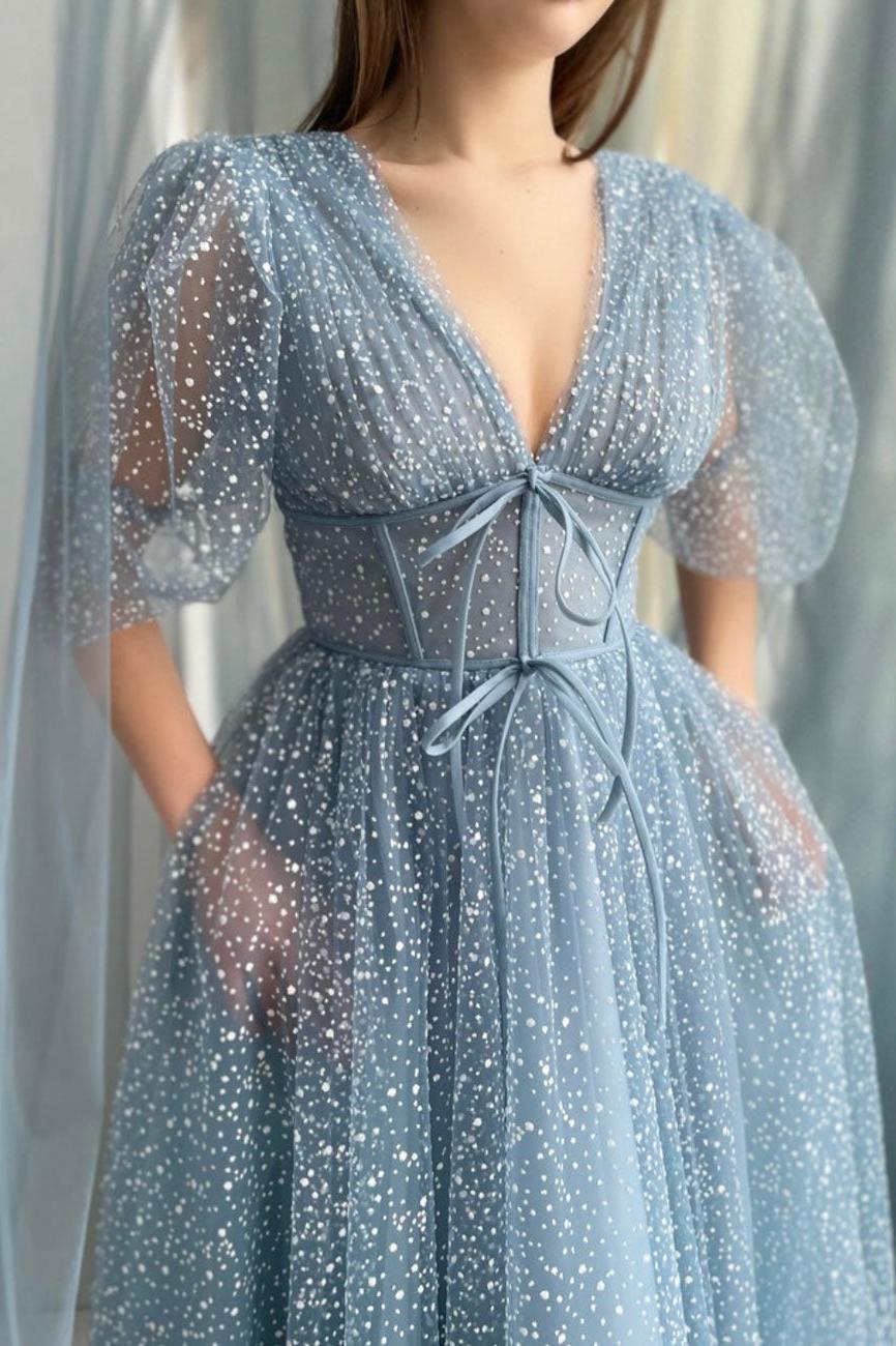 A Line Tea Length Gray Blue Prom Dress Formal Wedding Party Dress Formal Evening Dress